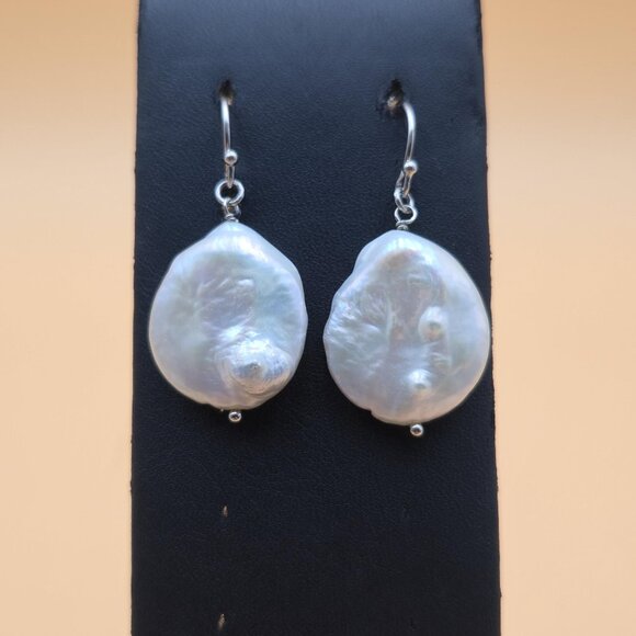 Sterling Silver Large Genuine Pearl Dangle Earrings A5275 - Picture 1 of 6